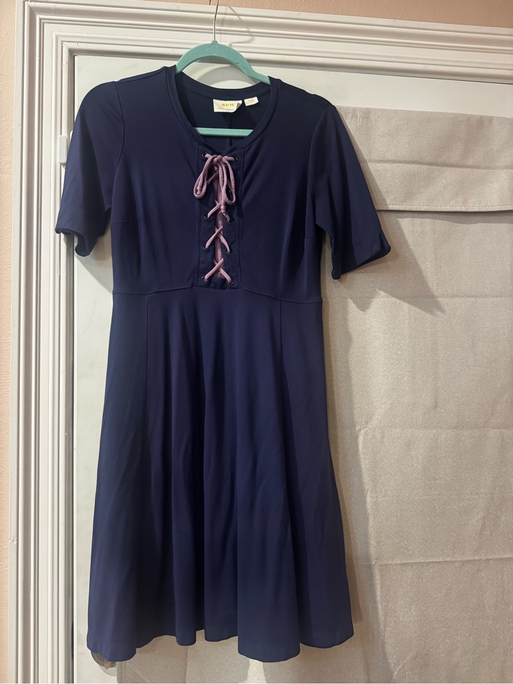 Maeve Navy Midi Dress with purple Lace-Up Detail